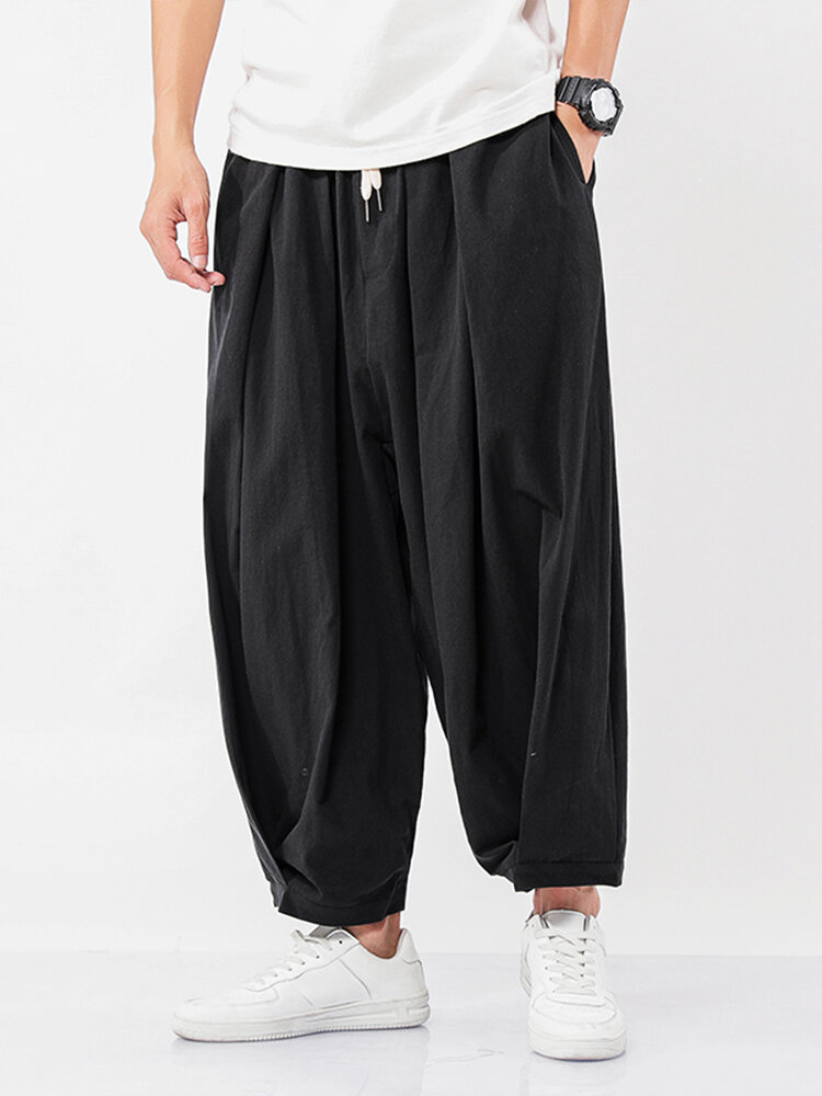 
	Mens 100% Cotton Solid Color Baggy Drawstring Mid Waist Harem Pants