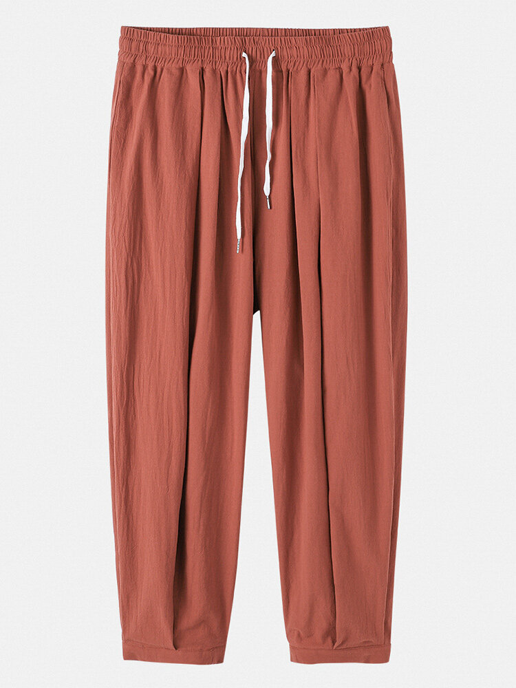 
	Mens 100% Cotton Solid Color Baggy Drawstring Mid Waist Harem Pants