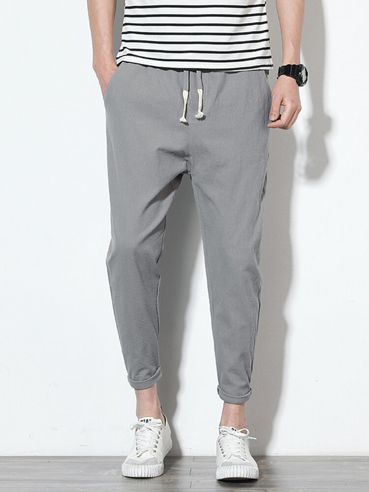 
	Mens Cotton Linen Solid Color Slim Fit Casual Pants