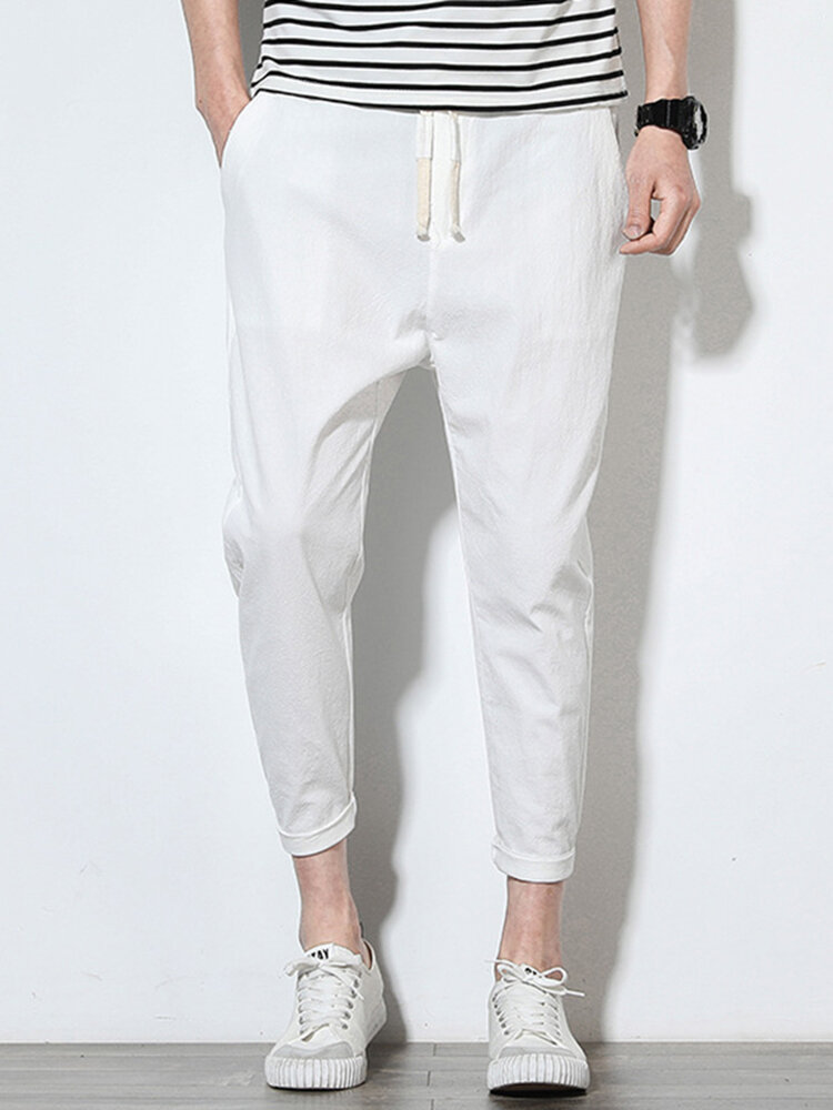 
	Mens Cotton Linen Solid Color Slim Fit Casual Pants