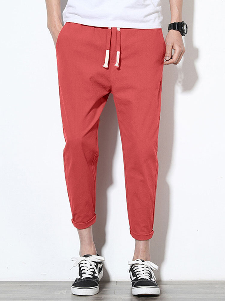 
	Mens Cotton Linen Solid Color Slim Fit Casual Pants
