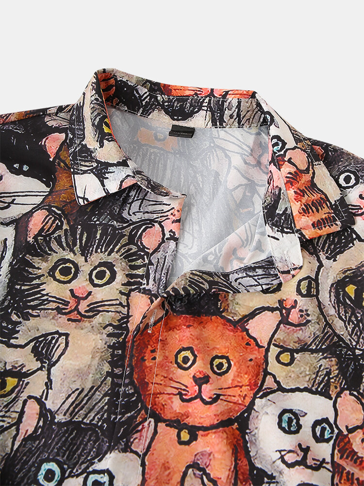 
	Mens Halloween Allover Funny Cat Print Casual Loose Fit Short Sleeve Shirts