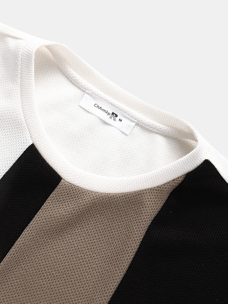 
	Mens Block Stripe Stitching Knitted Preppy Short Sleeve T-Shirts