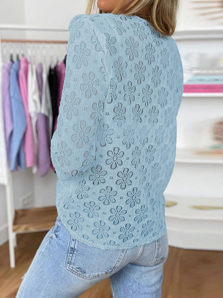 
	Solid Lace Button V-neck Long Sleeve Blouse For Women