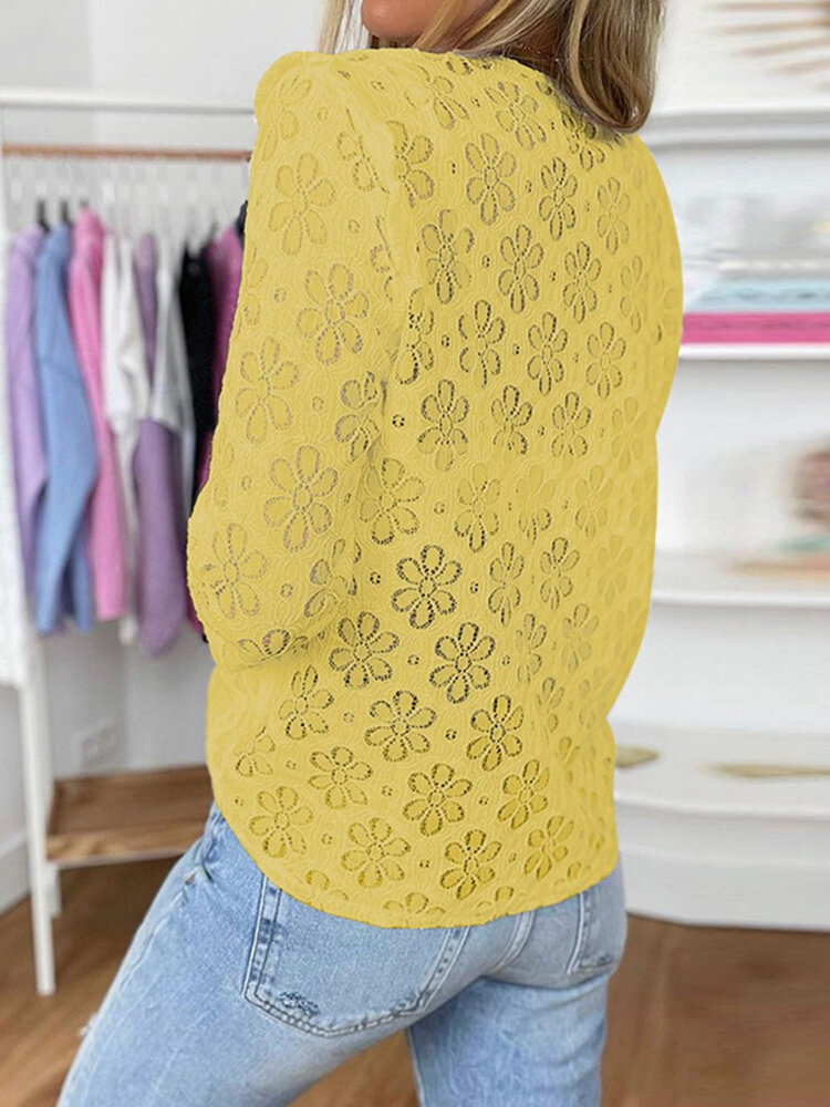 
	Solid Lace Button V-neck Long Sleeve Blouse For Women