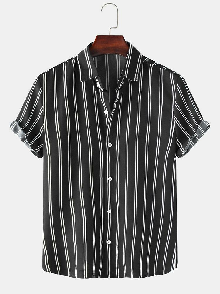 
	Mens Basic Stripes Print Loose Casual Light Short Sleeve Shirts