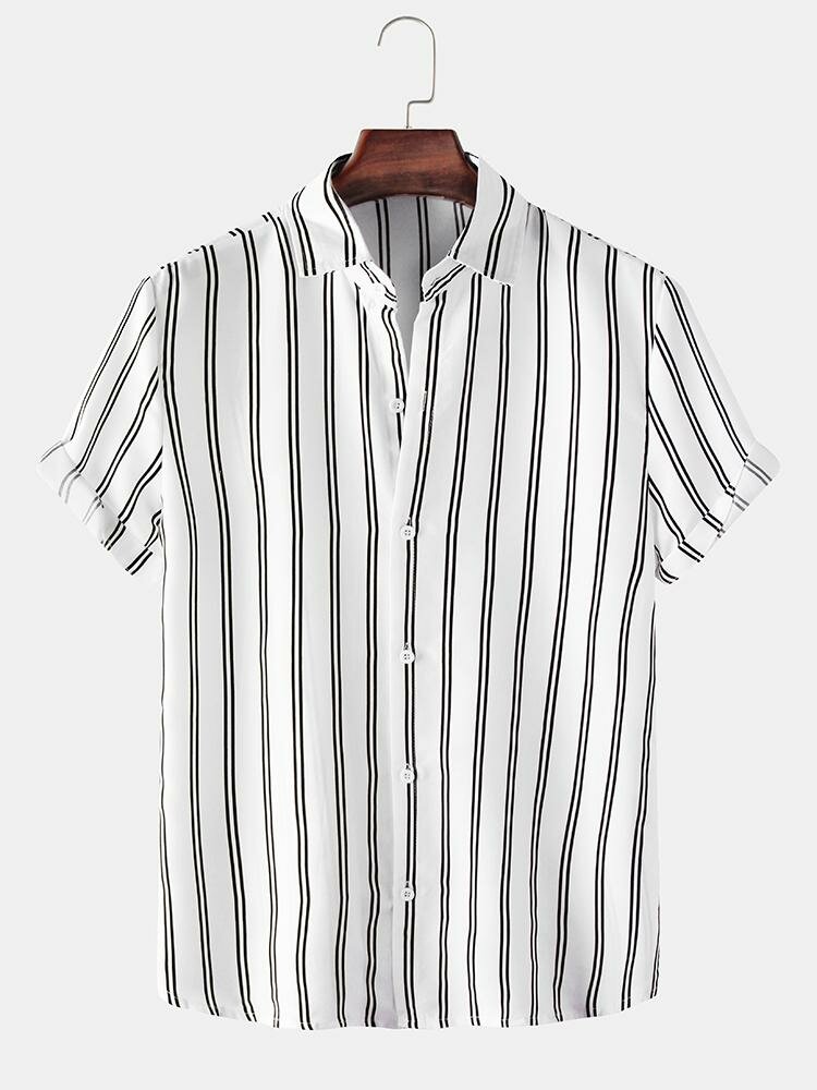 
	Mens Basic Stripes Print Loose Casual Light Short Sleeve Shirts