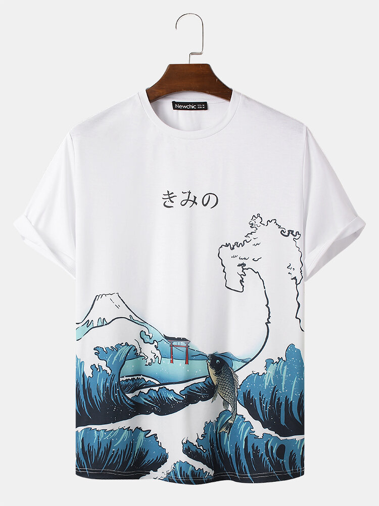 
	Mens Cartoon Wave Fish Print Short Sleeve White Ukiyoe T-Shirt
