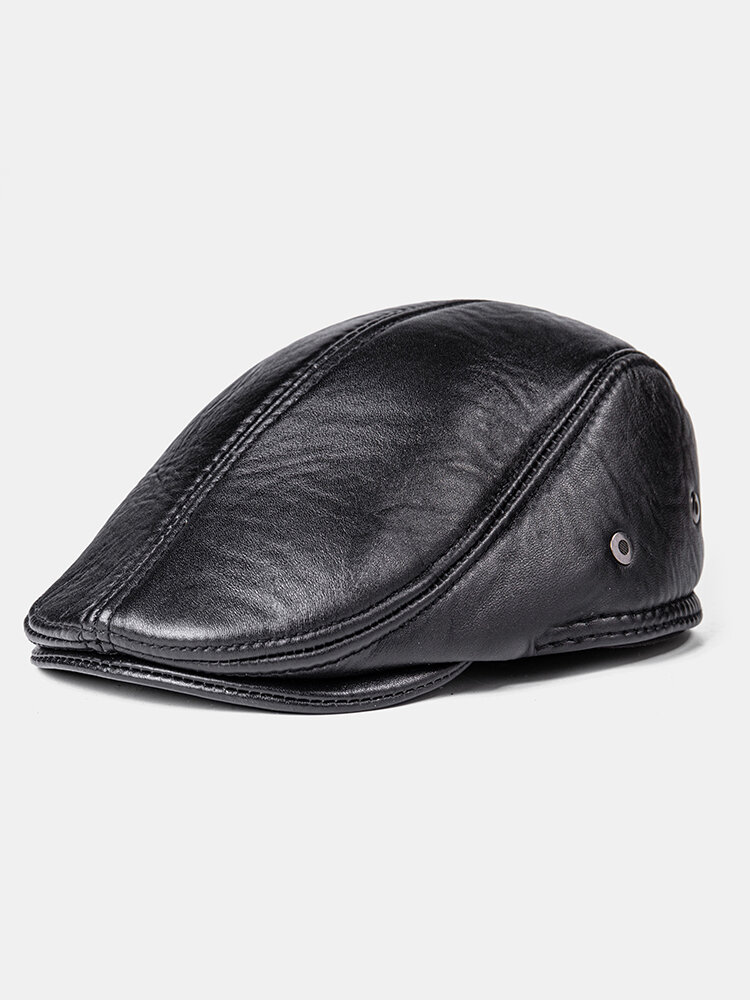 
	Men Genuine Leather Keep Warm Plus Thickness Cotton Windproof Ear Protection Forward Hat Beret Hatd Duck Tongue Hat