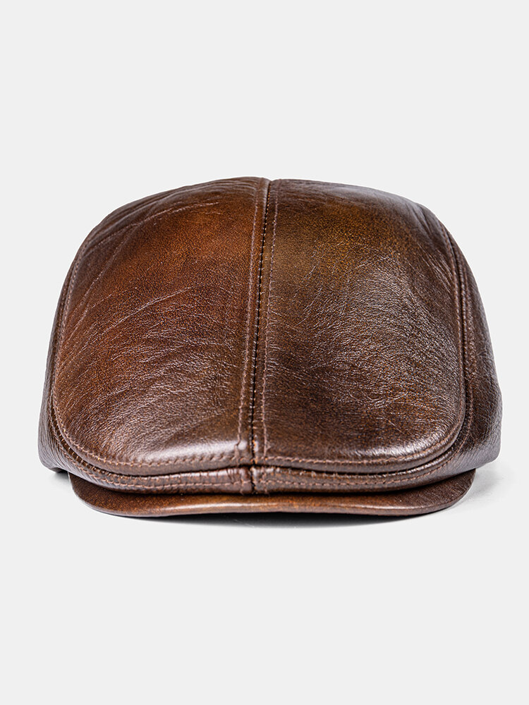 
	Men Genuine Leather Keep Warm Plus Thickness Cotton Windproof Ear Protection Forward Hat Beret Hatd Duck Tongue Hat