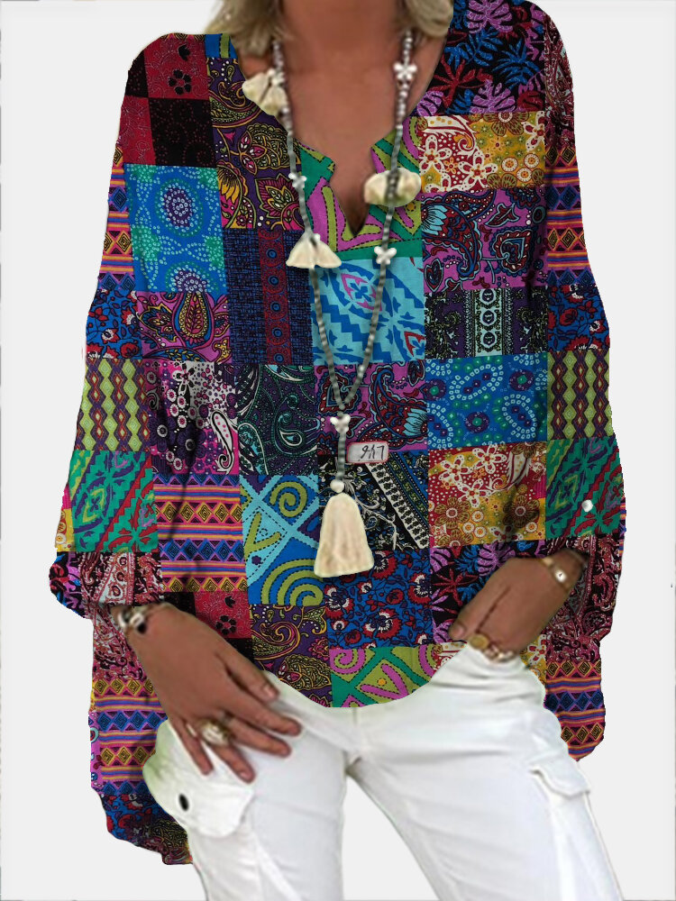 
	Vintage Print V-neck Long Sleeve Loose Blouse
