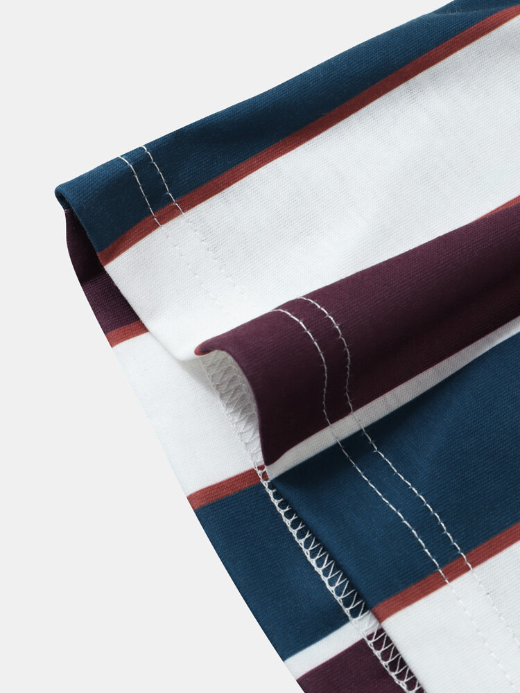 
	Mens Wide Stripe Crew Neck Preppy Short Sleeve T-Shirts