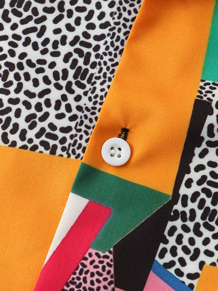 
	Mens Dot & Geometry Pattern Colorblock Lapel Short Sleeve Shirt