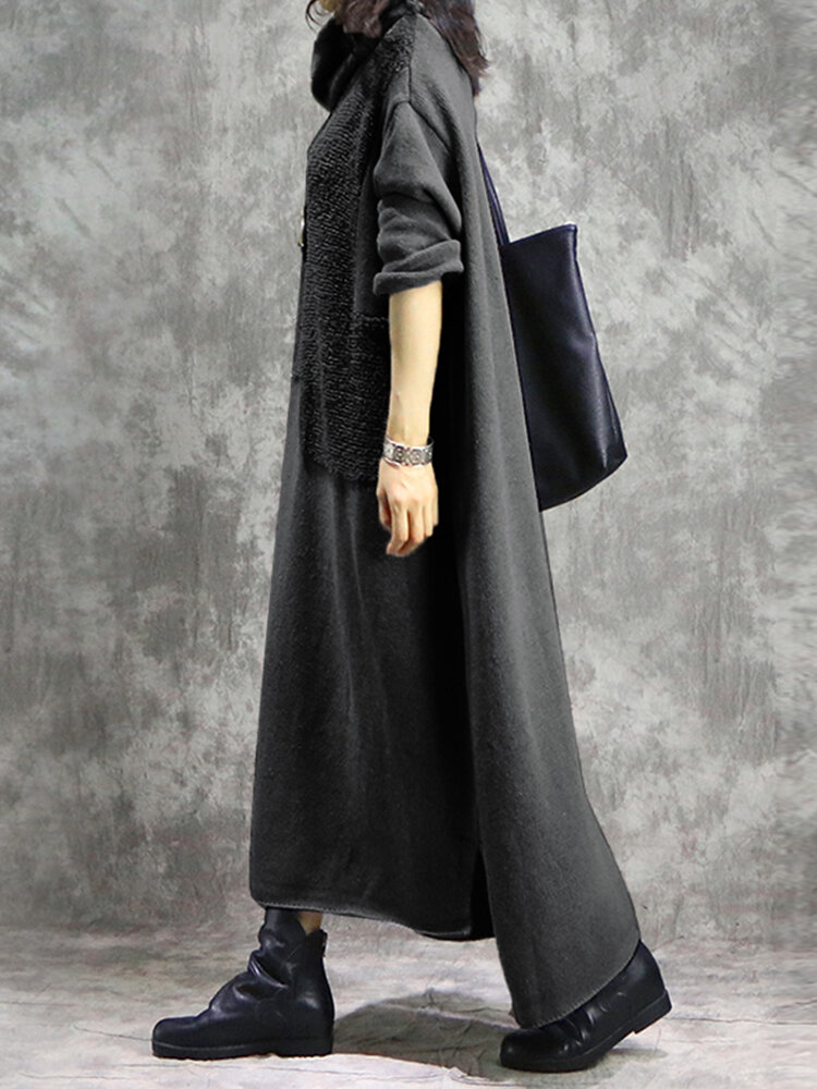 
	Solid Color Plush Patchwork Turtleneck Long Sleeve Dress