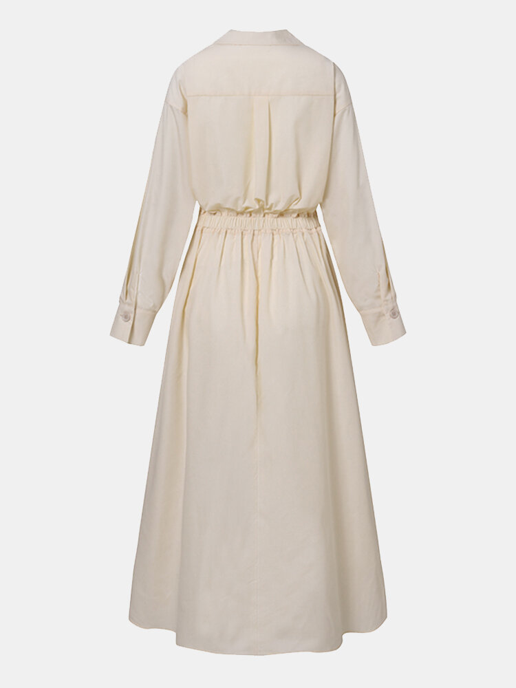 
	Solid Pocket Button Lapel Long Sleeve Maxi Shirt Casual Dress