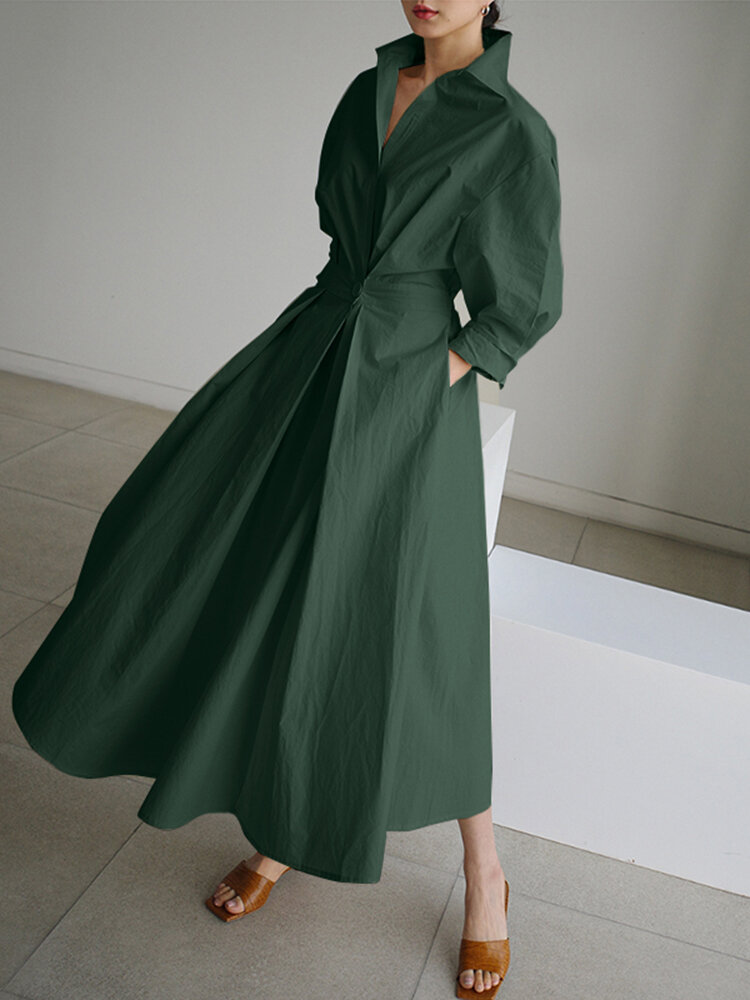 
	Solid Pocket Button Lapel Long Sleeve Maxi Shirt Casual Dress