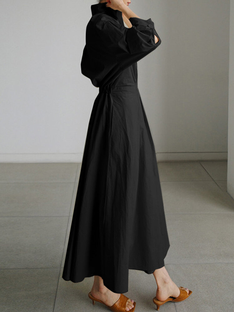 
	Solid Pocket Button Lapel Long Sleeve Maxi Shirt Casual Dress