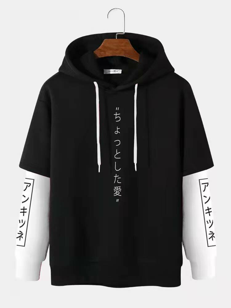 
	Mens Japanese Character Print Contrast Faux Twinset Street Drawstring Hoodies