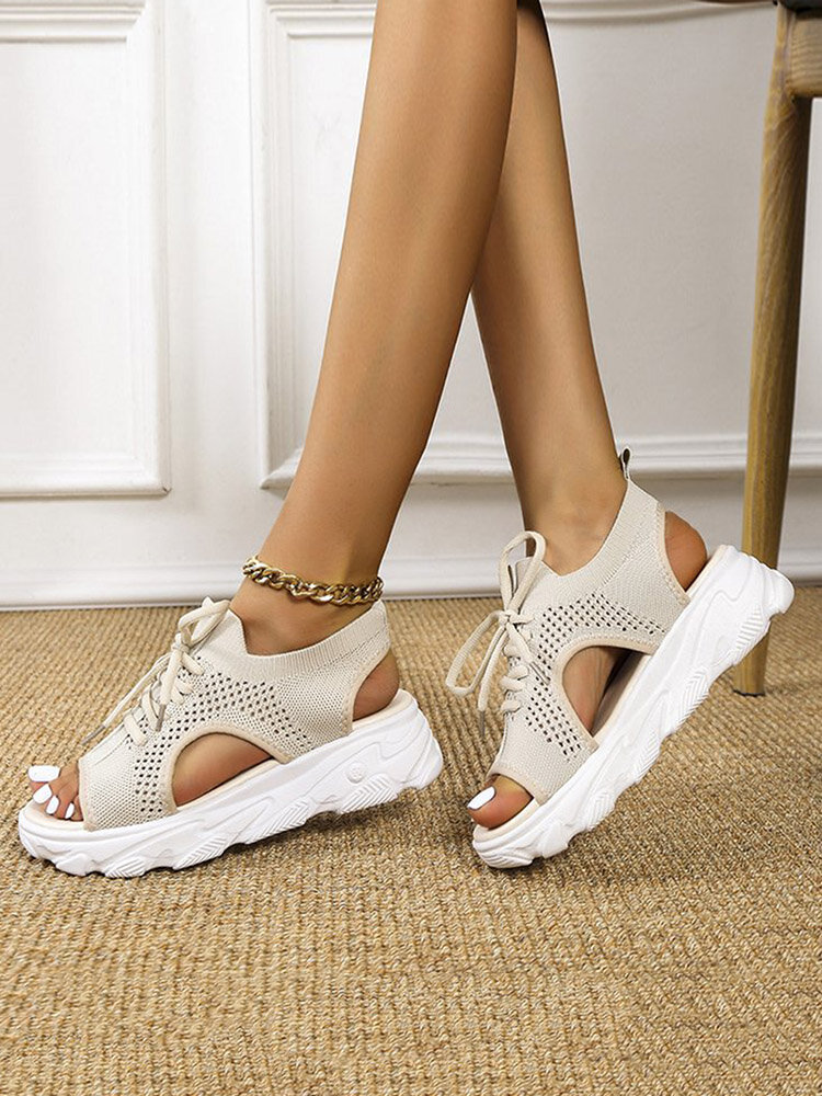 
	Women Casual Lace-up Comfy Knit Open Toe Platform Sandals