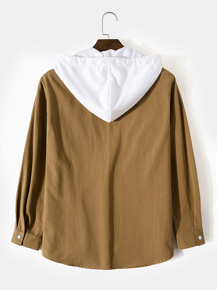 
	Mens Solid Button Up Drawstring Hooded Shirts With Flap Pocket