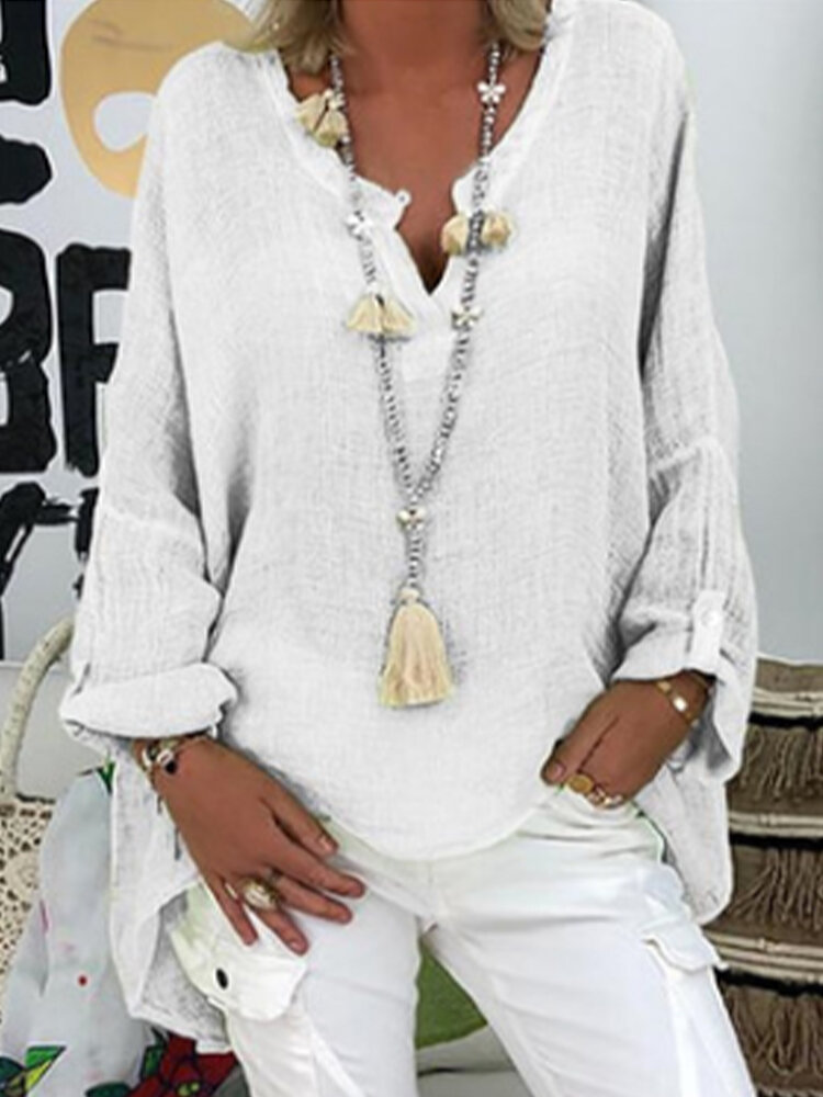 
	Long Sleeve Solid Color Loose V-neck Blouse For Women