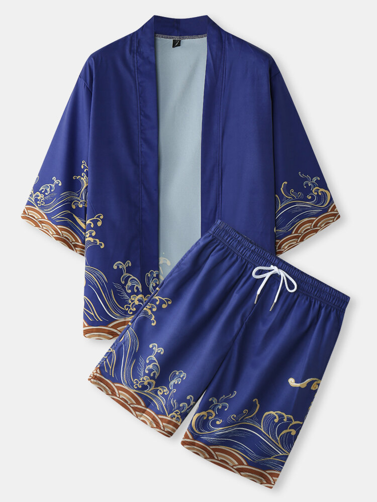
	Mens Japanese Waves Print Open Front Kimono Two Pieces Outfits