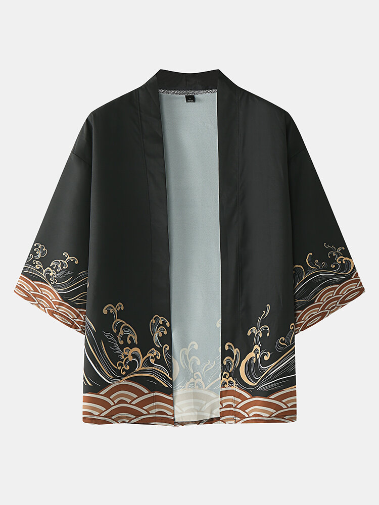 
	Mens Japanese Waves Print Open Front Kimono Two Pieces Outfits