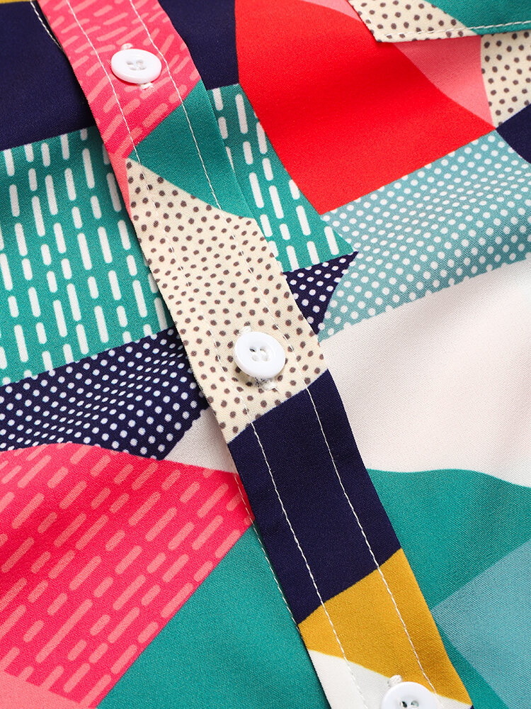 
	Designer Mens Colorful Mixed Colorblock Lapel Holiday Short Sleeve Hawaiian Shirts