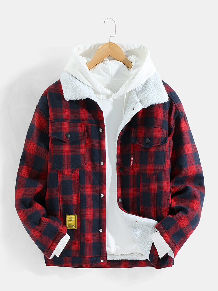 
	Mens Plaid Sherpa Lined Thick Zip Front Lapel Casual Jackets